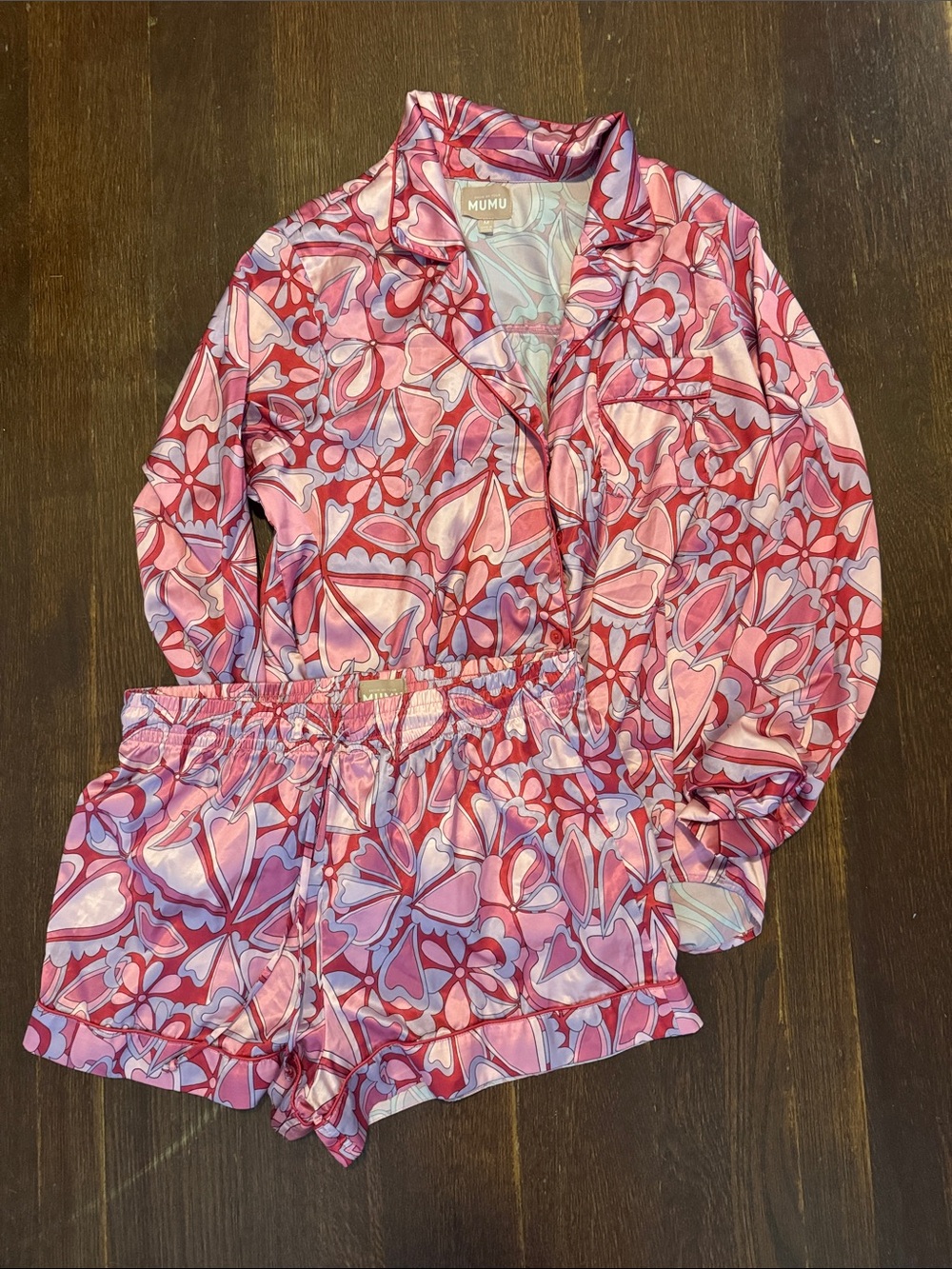 Show Me Your MuMu Pink & Red Floral Satin Pajama Set